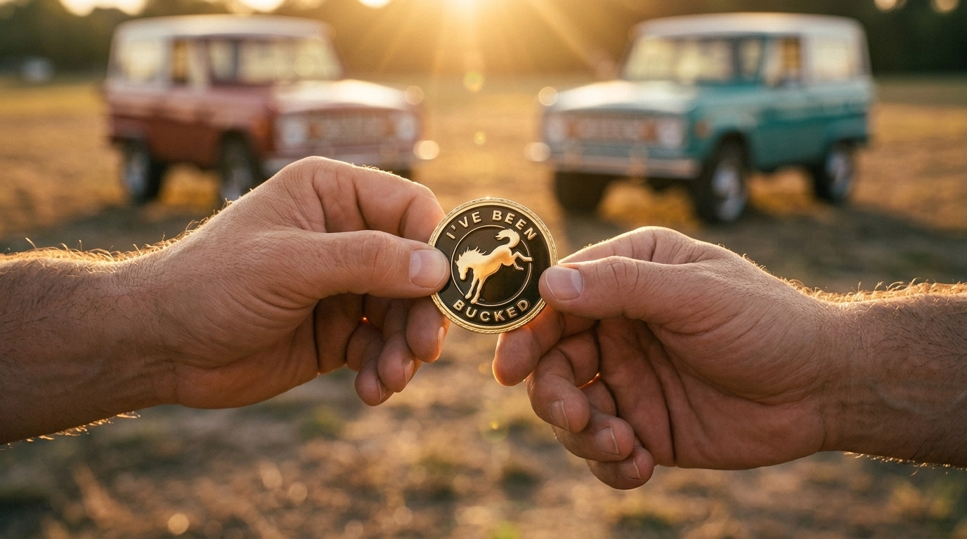 Two hands holding an I've Been Bucked challenge coin with first-gen Broncos in golden hour light